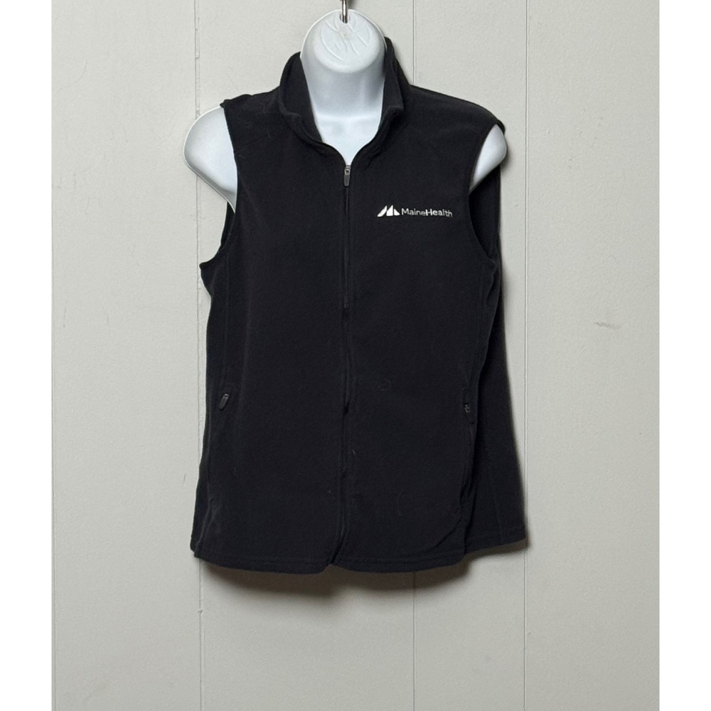 LL Bean Womens Fleece Vest Black MaineHealth Full Zip Mock Neck Sz Small Regular